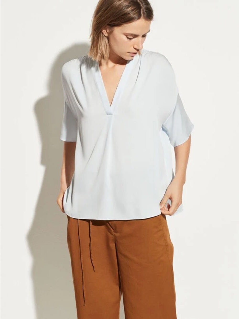 NWT Vince Silk Shirring V-Neck Blouse Top Sz XL Powder Blue